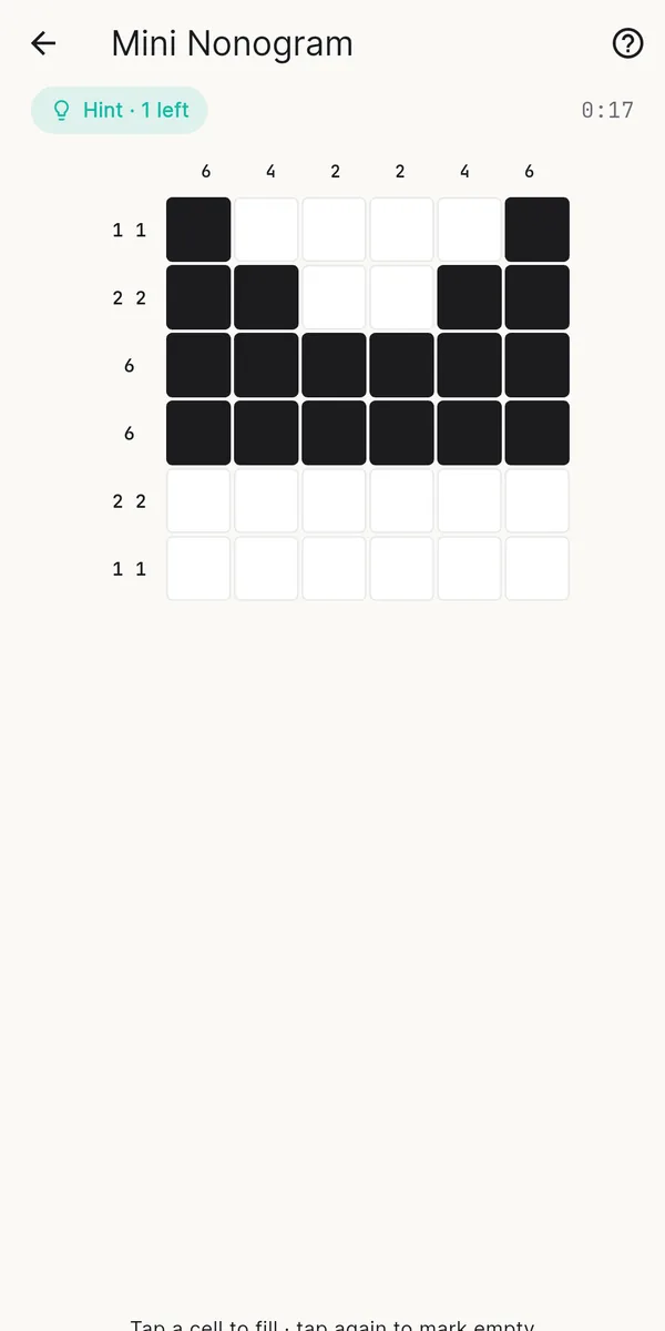 Witloop Mini Nonogram: a 6 by 6 grid with number clues, half solved